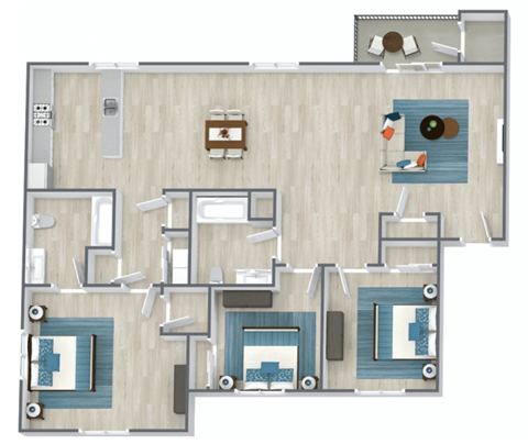 Floor plan for 3 beds, 2 baths, 1224 sqft